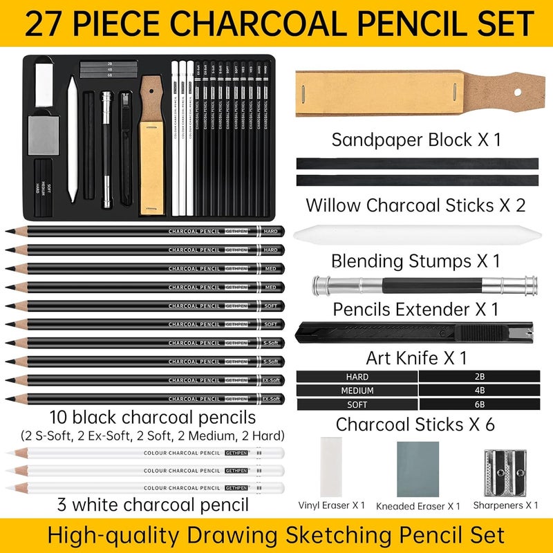 GETHPEN 27 Piece Charcoal Drawing Set - Professional Black & White Charcoal Pencils for Sketching, Shading & Blending, Graphite Sticks with Artist Art Supplies Kit (Beginners & Professionals) - Image 2